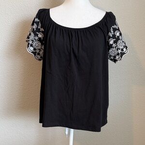 H & M Black Floral Embroidered Ruffle Sleeve Women's Top